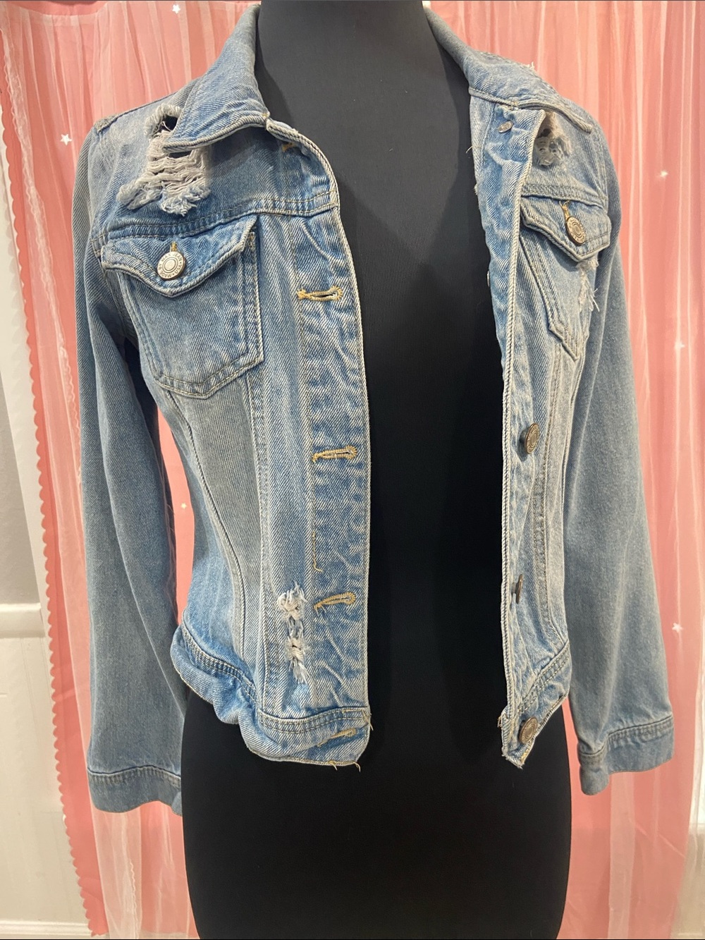 Wax Jean Light Blue Distressed Denim Jacket. Size S BRIDE on back